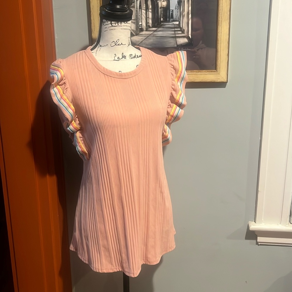 Raw Edge Ruffled & Ribbed Rainbow Tank (Medium)